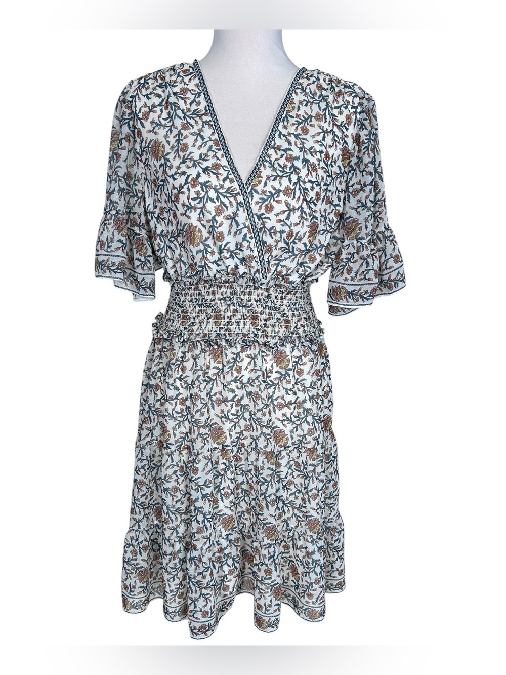 Max Studio Floral Smocked Waist Dress Women’s L Boho Flutter Sleeve Romantic